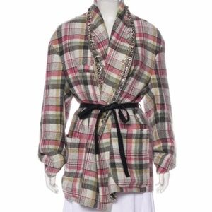 Isabel Marant Milroy Linen & Wool Plaid Embellished Tie Waist Coat FR36 US4